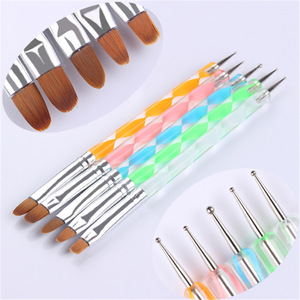 Double Head Nylon Nail Art Brush Spiral Handle Crimped Ferrule Flower Dotting Needle Pen for Gel Design - Product Image 5