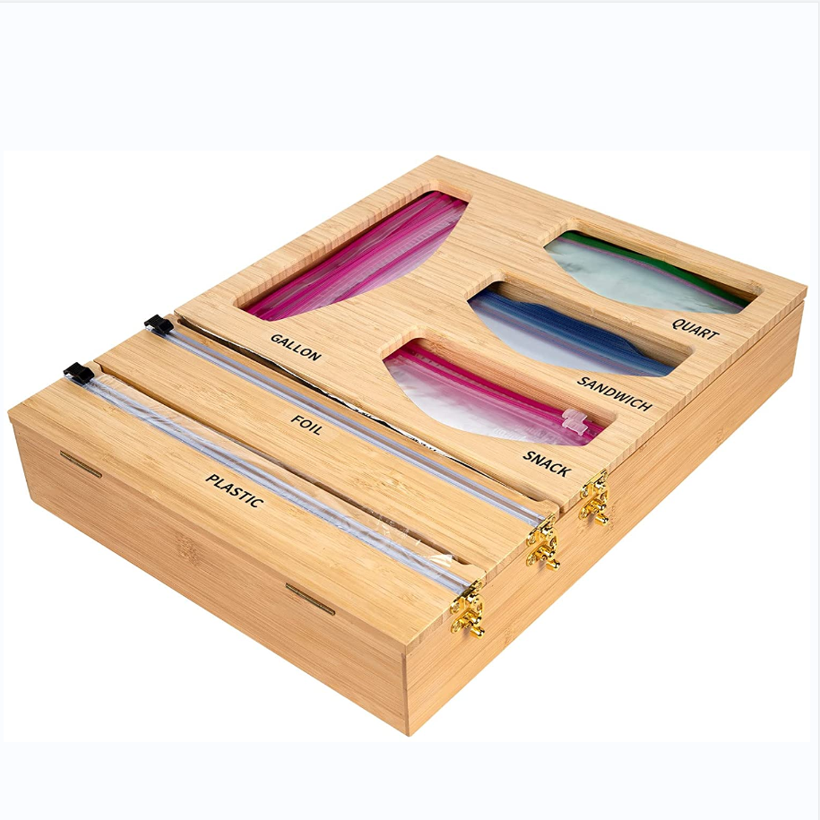 Высококачественный настенный бамбуковый пакет на молнии, органайзер для хранения, диспенсер для фольги, ящик, бамбуковый пакет на молнии, органайзер для кухни