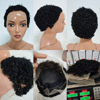 Letsfly Promotion 36$ Perruque courte faite à la main avec dentelle transparente, nœuds blanchis, coupe courte, frontale 13x4, bouclée, 100% cheveux humains, noir naturel