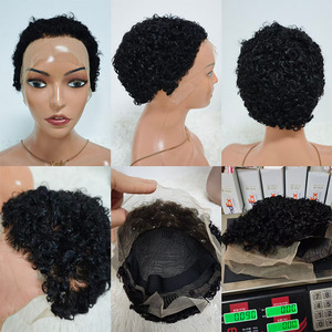 Letsfly Promotion 36$ Perruque courte faite à la main avec dentelle transparente, nœuds blanchis, coupe courte, frontale 13x4, bouclée, 100% cheveux humains, noir naturel - Product Image 5