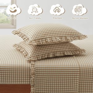 Juego de sábanas de 4 piezas tamaño Queen/King, cómodas, transpirables, de 16 pulgadas, con bolsillo profundo, respetuosas con la piel, a cuadros, con volantes, funda de almohada de algodón a cuadros - Product Image 4