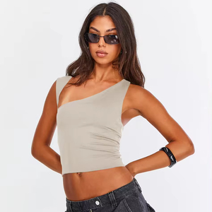 Nouveau européen américain printemps/été Y2K Slim Fit débardeur Sexy dos ouvert T-shirt décolleté irrégulier asymétrique tricoté tissu - Product Image 1