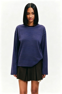 T-shirt in cotone 100 <span class=keywords><strong>a</strong></span> maniche lunghe Casual con girocollo personalizzato OEM da <span class=keywords><strong>donna</strong></span> blu <span class=keywords><strong>a</strong></span> strisce Colorblock Pullover <span class=keywords><strong>a</strong></span> maniche lunghe t-shirt top - Product Image 2