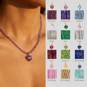 Collar con Colgante de Corazón con Piedra de Nacimiento Personalizada al por Mayor, Cadena de Cuentas de Piedra Natural de 2-3mm, Joyería de Gemas para Mujer - Product Image 1