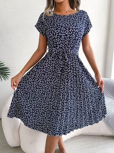 Stile dolce stampa floreale grande orlo plissettato abiti da donna eleganti Casual a vita alta elegante abito estivo a manica corta da donna - Product Image 3