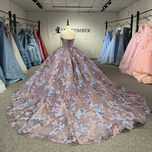 Dy1528 Luxury Mauve Purple Chiffon Natural Waist Quinceanera Dress Sparkly Floral Lace Applique Ball Gown Beaded Anti-static - Product Image 4