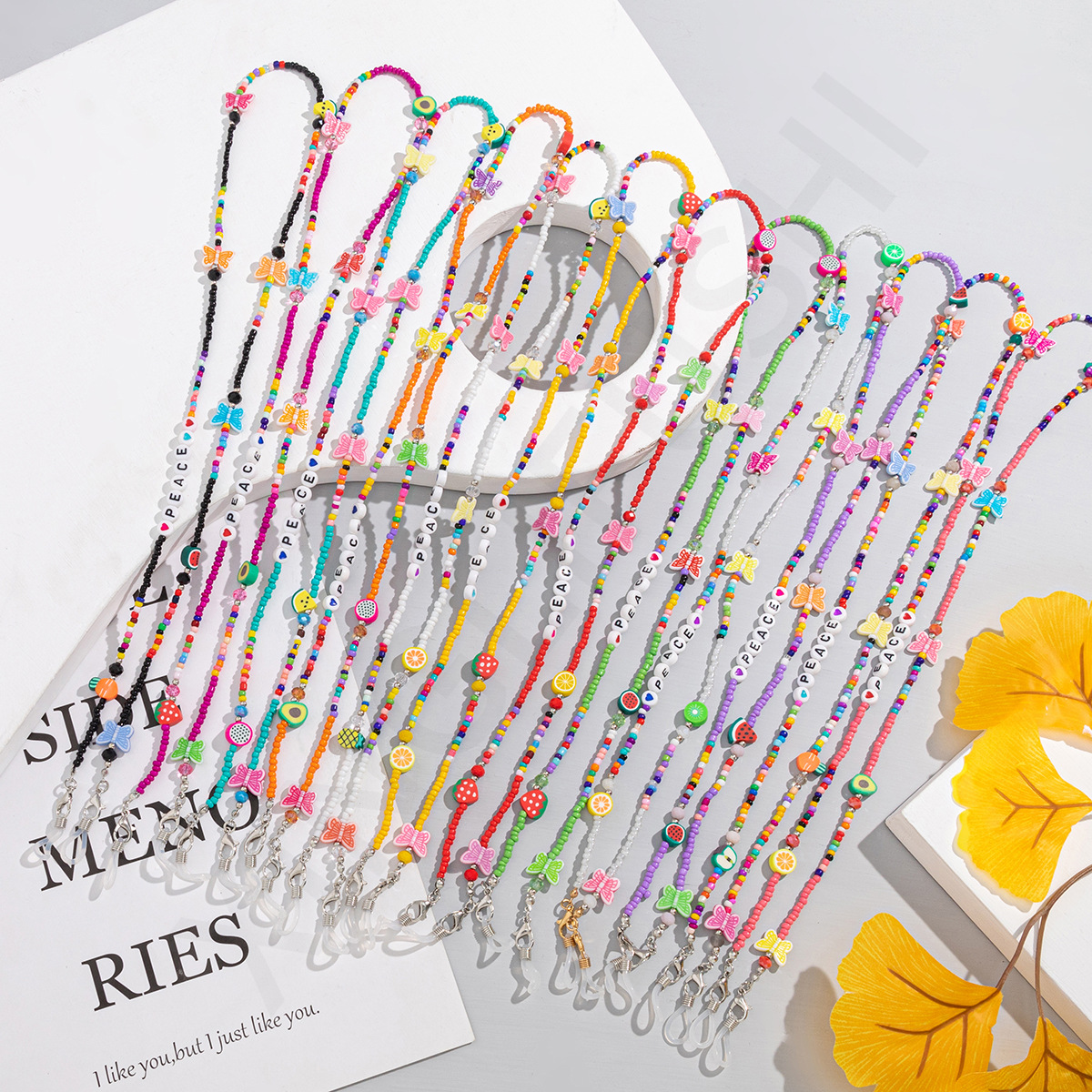 Оптовая продажа, акриловая цепочка для очков в виде бабочки, фруктов, овощей, риса, бусин, модная цепочка для очков, подвесная веревка