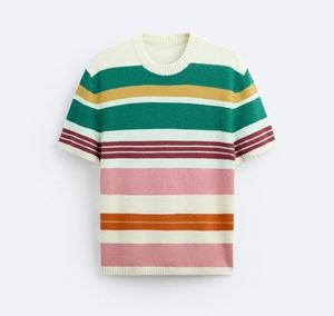 Camiseta de punto de algodón informal de moda personalizada Camisa de punto de manga corta de punto intercolor a rayas para hombre - Product Image 4