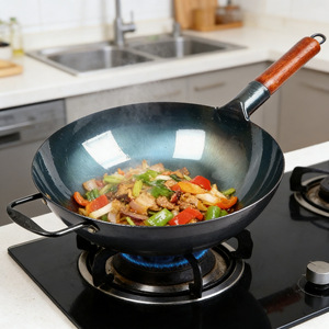 Round Bottom Wok Non-Stick For Gas <b>Stoves</b> Home Use With Wooden Handle - Product Image 2