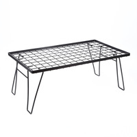 Table rectangulaire pliante en maille pour camping extérieur, en fer forgé, portable, avec grille de rangement pour pique-nique et foyer intégré