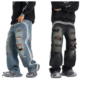 Pantalon en <span class=keywords><strong>jean</strong></span> déchiré et délavé pour jeunes garçons KY Cool, style boyfriend, avec rayures blanches sur le devant, pour hommes - Product Image 1