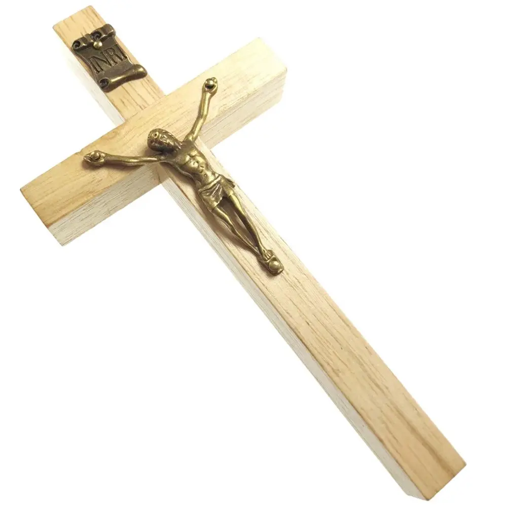 15.2cm clair verni naturel en caoutchouc bois croix jésus statue croix bois mur crucifix croix catholique