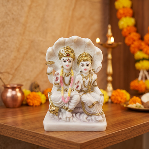 Idole Lakshmi Narayan en or blanc de 5 pouces, finition marbre, Vishnu Lakshmi Murti pour la maison, le temple, le bureau, le salon, articles spirituels - Product Image 1