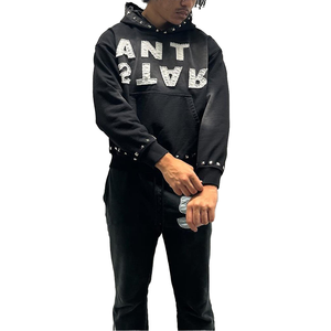 Sudadera con capucha de algodón de rizo francés de peso pesado lavada con ácido vintage personalizada para hombre de gran tamaño con bolsillo de diamantes de imitación impreso de punto teñido liso - Product Image 4