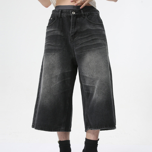 Pantalones vaqueros de pierna ancha holgados rectos de verano para <span class=keywords><strong>hombre</strong></span> personalizados, pantalones cortos de mezclilla recortados drapeados de pierna ancha negros, pantalones vaqueros holgados para <span class=keywords><strong>hombre</strong></span> - Product Image 2