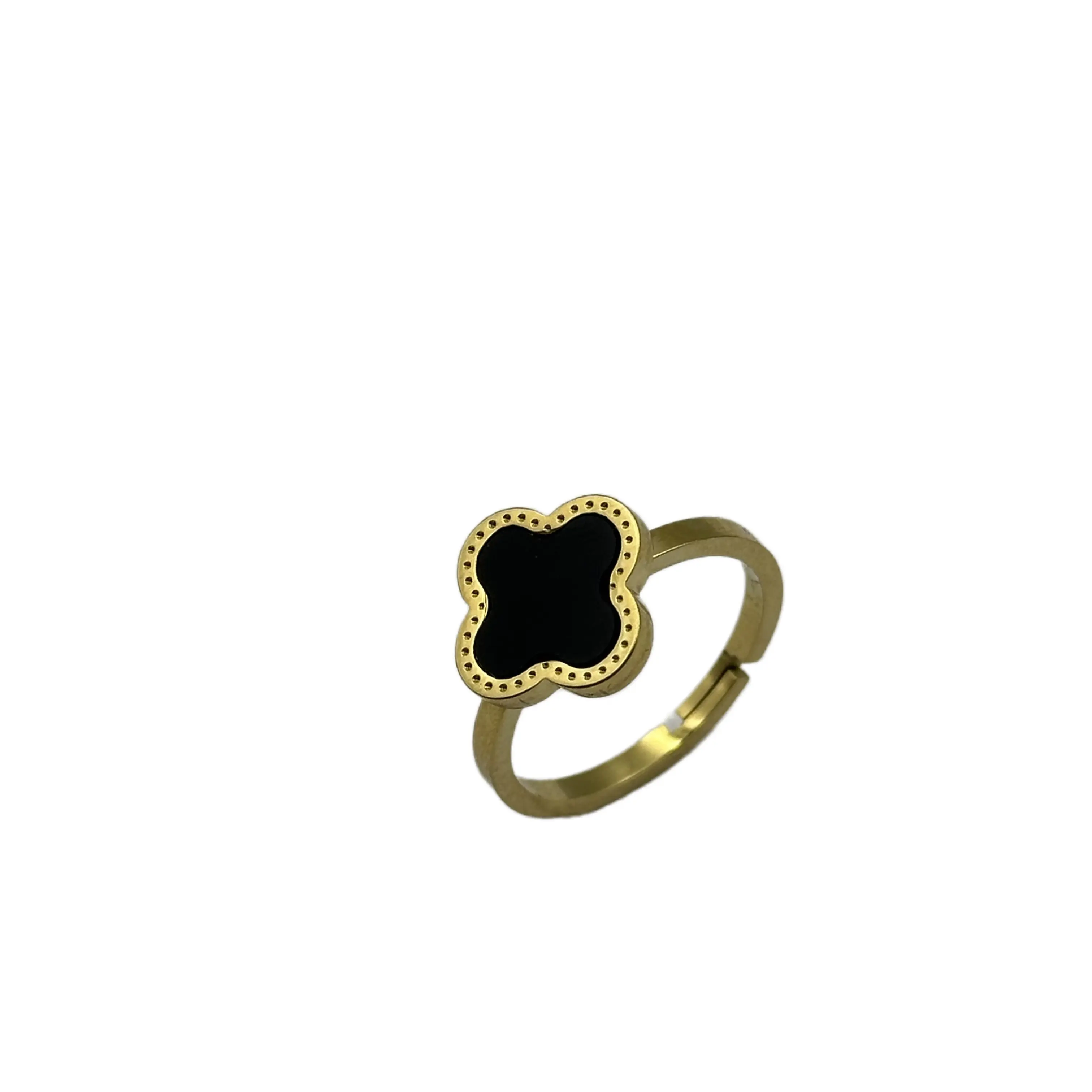 Luxusmarke VCA Schwarz Vier blättriges Kleeblatt Vergoldeter Edelstahl-Material ring Ins Style Eleganter Metallring für Frauen