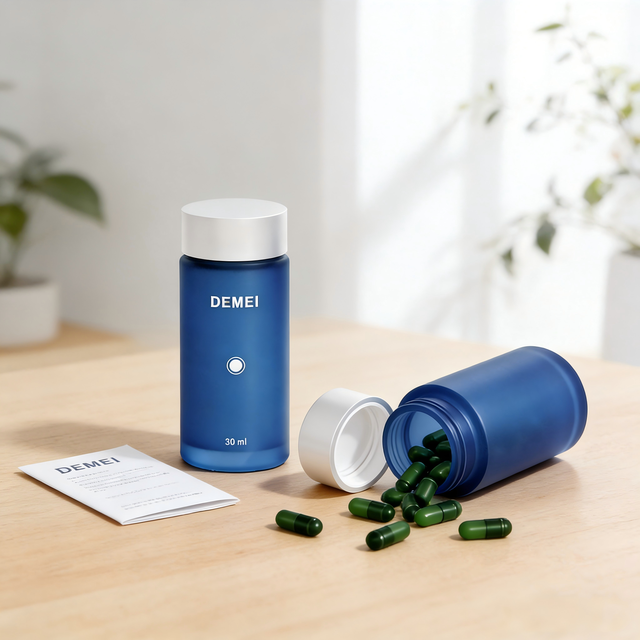 Factory Custom 30ml 140ml Matte Frosted Blue Luxury Glass Capsule Container with White Screw Cap Portable Health Supplements