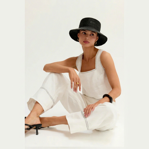 Women's <b>White</b> 100% Cotton Short Sleeve Collarless Solid Top Vintage Style Eco-Friendly Loose Fit <b>2</b> <b>Piece</b> Long Co-ord <b>Set</b> - Product Image 1