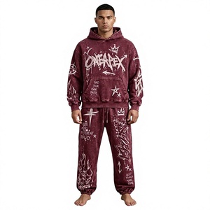 Men's Oversized Burgundy Acid Wash Hoodie Tracksuit <b>Sets</b> Heavyweight Streetwear Cotton <b>Jogger</b> <b>Matching</b> Sweat Suit Custom Apparel - Product Image 1