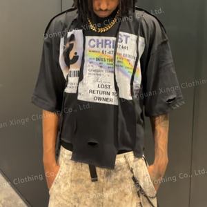 Camisetas de Hombre de Algodón 100% con Diseño Personalizado, Costuras Superpuestas, Contraste Irregular, Corte Cuadrado, Estilo Vintage, Lavado Ácido - Product Image 2