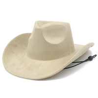 Nouvel Arrivage Chapeau de Cowboy Western en Daim Couleur Unie, Chapeau de Cowboy Vintage à Large Bord avec Sangle Mentonnière pour Hommes et Femmes pour Fête