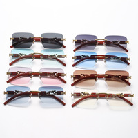 Lunettes de Soleil Vintage de Marque de Luxe Unisexe Carrées UV400 avec Branches en Bois, Monture Léopard et Verres Dégradés sans Monture pour Hommes et Femmes