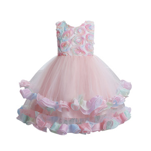 Robe de princesse pour enfants, col rond, jupe en tulle à fleurs 3D, rose, violet, bleu, robe de demoiselle d'honneur pour tout-petits et enfants - Product Image 3