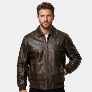 Custom Retro <strong>Brown</strong> Distressed Lambskin Bomber <strong>Jacket</strong> OEM 3D Filling Embroidery Design Genuine <strong>Leather</strong> Aviator <strong>Jacket</strong> - Product Image 2