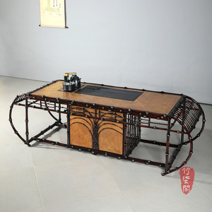 Bamboo Tea Table Set Lacquered Woven Chinese Style Oblong Restaurant Table With Chairs - Product Image 2
