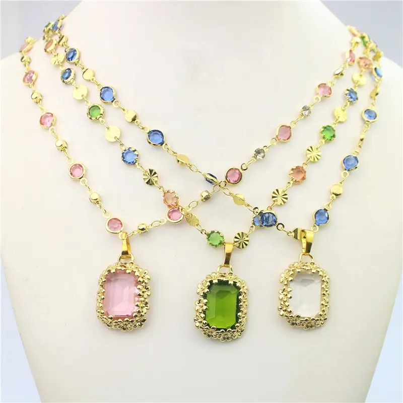CH-HDN0871 Colorful glass pendant necklace, beautiful lace design charm necklace, DIY plated gold colorful glass chain jewelry