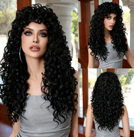 Perruque synthétique longue bouclée blond doré clair, brun, noir avec frange, en fibre résistante à la chaleur, pour usage quotidien, fibre haute température