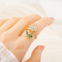 Anillo Giratorio con Circonitas Florales de Circulo Completo, Joyería de Cobre con Diseño de Flor Rotatoria, Colección de Joyerí