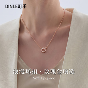 Dinle Rose Gold Double <b>Ring</b> <b>Necklace</b> Channel Setting Geometric Pendant For Women Daily Wear Gift - Product Image 5