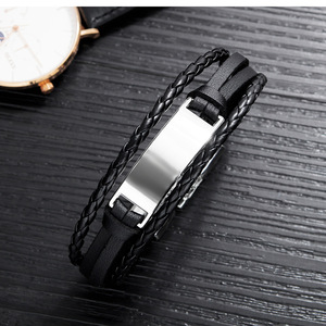 Customized Name <b>Mens</b> Jewelry Engraved Laser LOGO Multilayers Woven Leather Bracelet for <b>Men</b> - Product Image 5