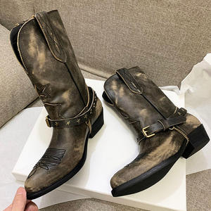 Botas Vaqueras de Mujer Nuevas 2025 con Acabado Desgastado, Tacón Grueso, Punta Puntiaguda, Corte en V, Estilo Pull-On con Adorno de Cinturón - Product Image 2