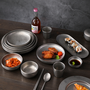 Plateau rectangulaire décoratif en <span class=keywords><strong>acier</strong></span> inoxydable de style coréen rétro et écologique, <span class=keywords><strong>gris</strong></span>, 50 pièces, pour camping et restaurant - Product Image 5