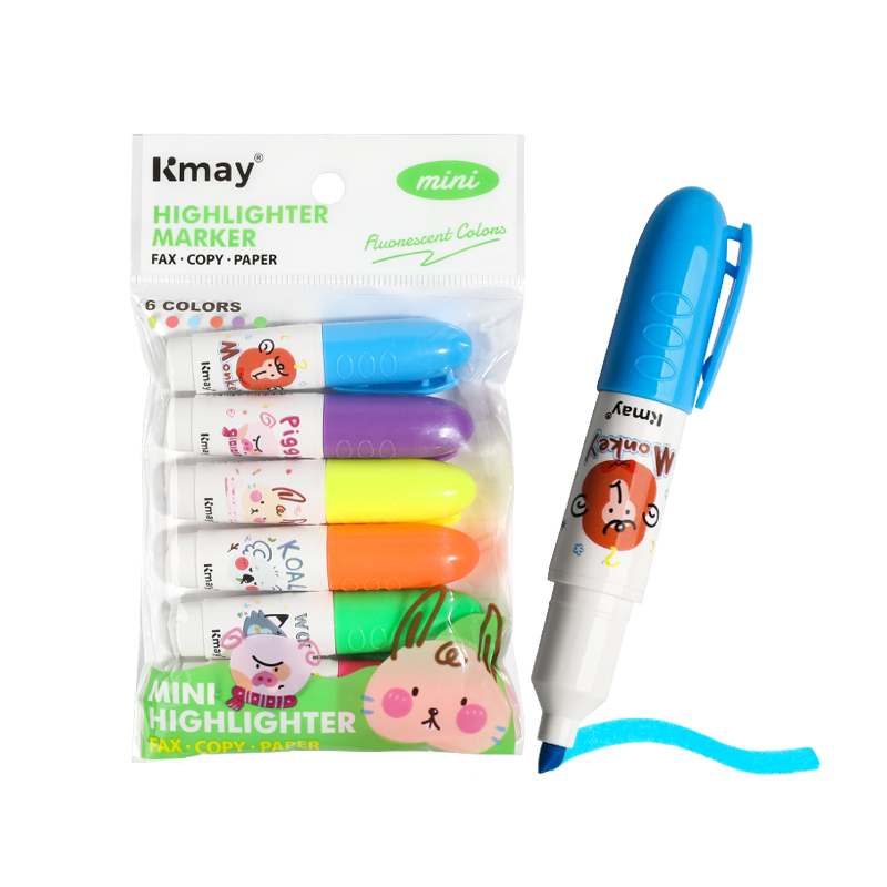 Kmay K338/6C Mini Highlighter Marker Set Cartoon Design Fluorescent Pens for School Office Stationery Supplies OEM Custom Logo