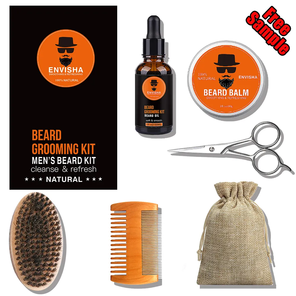 Envisha Bio Bart wachstums öl Private Label 7 Stück Herren Groomimg Rasier kamm Pinsel Bart pflege Growing Kit