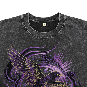 Camiseta de Hombre, Corte Regular, Color Negro Lavado a la Piedra, Teñido en Prenda, Estampado DTG con Pájaro Místico Chino Vintage, 100% Algodón, Transpirable, Antiarrugas - Product Image 4