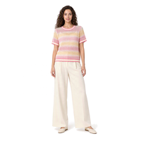 Pull-over ajouré rayé à manches courtes et col rond pour femme – Vêtements féminins en stock pour l'été