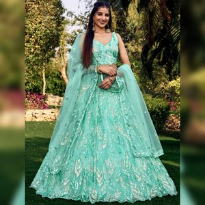 Lehenga ตาข่ายสีฟ้าเทอร์ควอยซ์ที่งดงามด้วยด้ายที่ซับซ้อนปักทำงานสไตล์อินเดียดั้งเดิมวัสดุเนื้อนุ่มสวมใส่ในงานปาร์ตี้ - Product Image 1