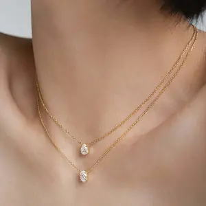 Wholesale Non Tarnish Drop Pendant Necklace with Stone 18K Gold One Stone Oval Charms Stainless Steel Crystal Stone Necklace