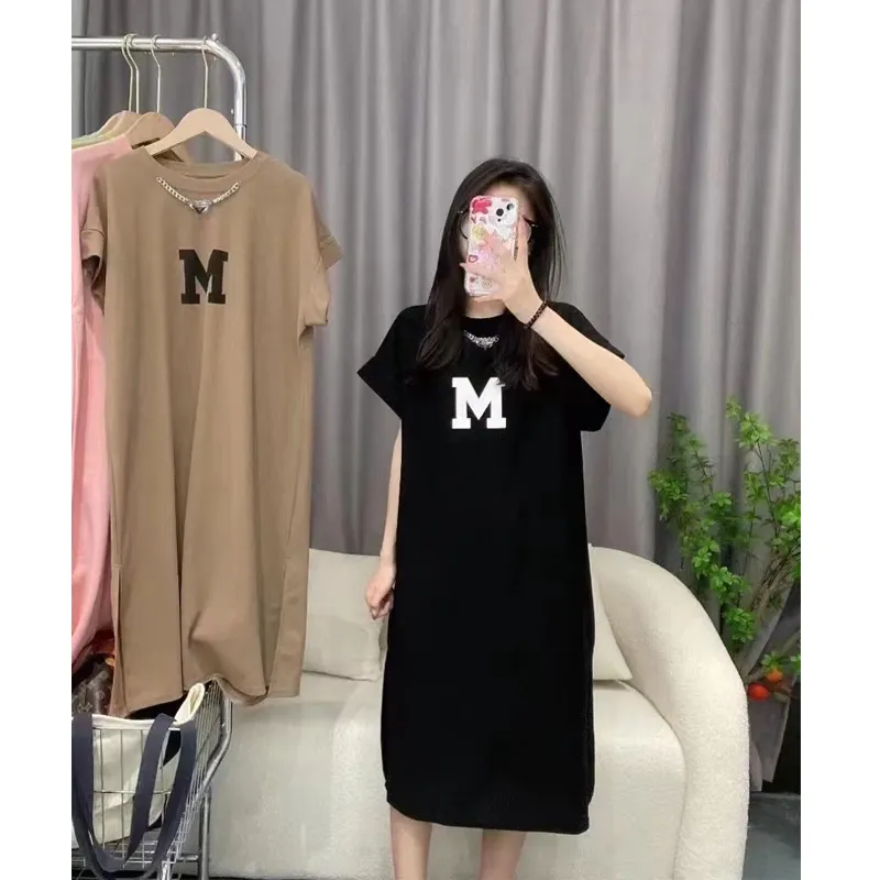 Korean T-shirt Dress Neckline Chain Short Sleeve Slit Dress Lazy Style Loose Dress Long T-shirt