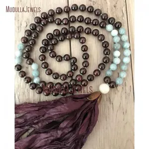 MN11121 Nature del stein Granat Aquamarin 108 Mala Perlen Sari Seide Quaste Halskette Handgemachter Yoga Meditation Schmuck