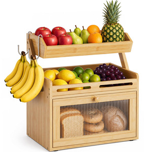 Panier à fruits double couche en bambou avec crochets, boîte de rangement pour pain, organisateur de comptoir de cuisine, compartiment couvert - Product Image 5