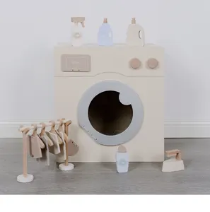 木製キッズ洗濯機セットプレイハウスおもちゃ10個の洗濯小道具を含むキッズ幼児教育おもちゃ誕生日プレゼント