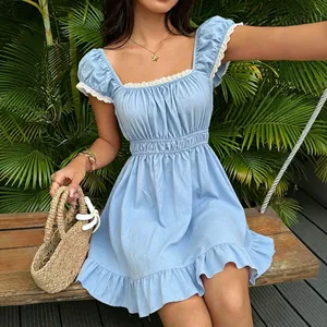 Abito estivo stile francese a trapezio da donna con scollo quadrato, maniche a sbuffo <span class=keywords><strong>e</strong></span> finiture in pizzo, vestibilità slim, perfetto per uscite casual - Product Image 4