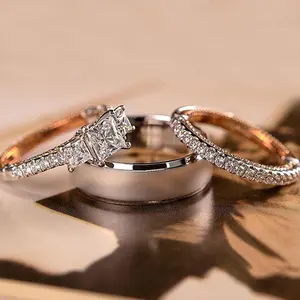 3pcs 세트 로즈 골드 절묘한 럭셔리 지르콘 다이아몬드 결혼 반지 세트 약혼 반지 세트