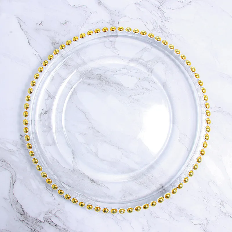 8 Inch 10 Inch 13 Inch gold rim glass charger with gold beads wedding glass charger plates