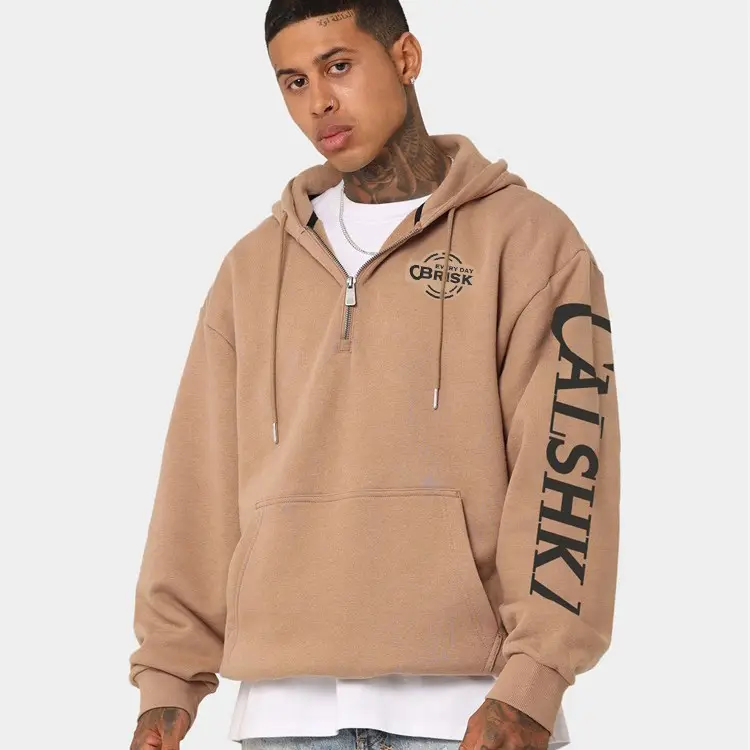 Fabrika erkek giyim boy yarım zip boyun Hoodie kırpılmış hoodies ağır ağırlık hip hop özel baskı hoodi için özel logo